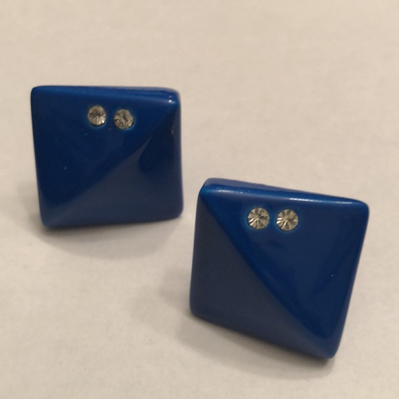 Vintage 80’s Royal Blue Earrings 7/8” Square Rhinestones Pierced Ears - #427 - Picture 2 of 8